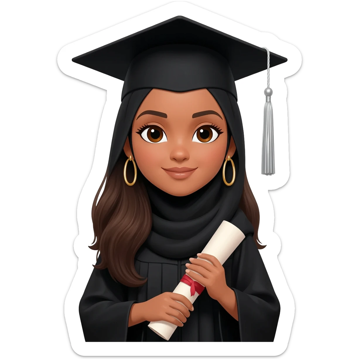 school graduation with a pretty female with hijab,  graduating student with long brown hair, brown eyes, big earrings and brown tan sticker