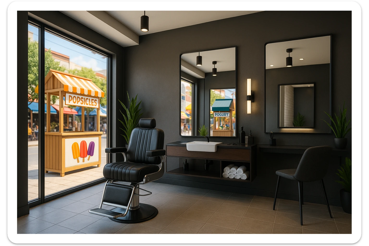 brohouse sartarosh xonasini chizib ber tashqaridan va uning yonida yupi va musqaymoq sotadigan lavkalar bulsin va sartarosh xona sal zamonaviyroq bulsin sticker