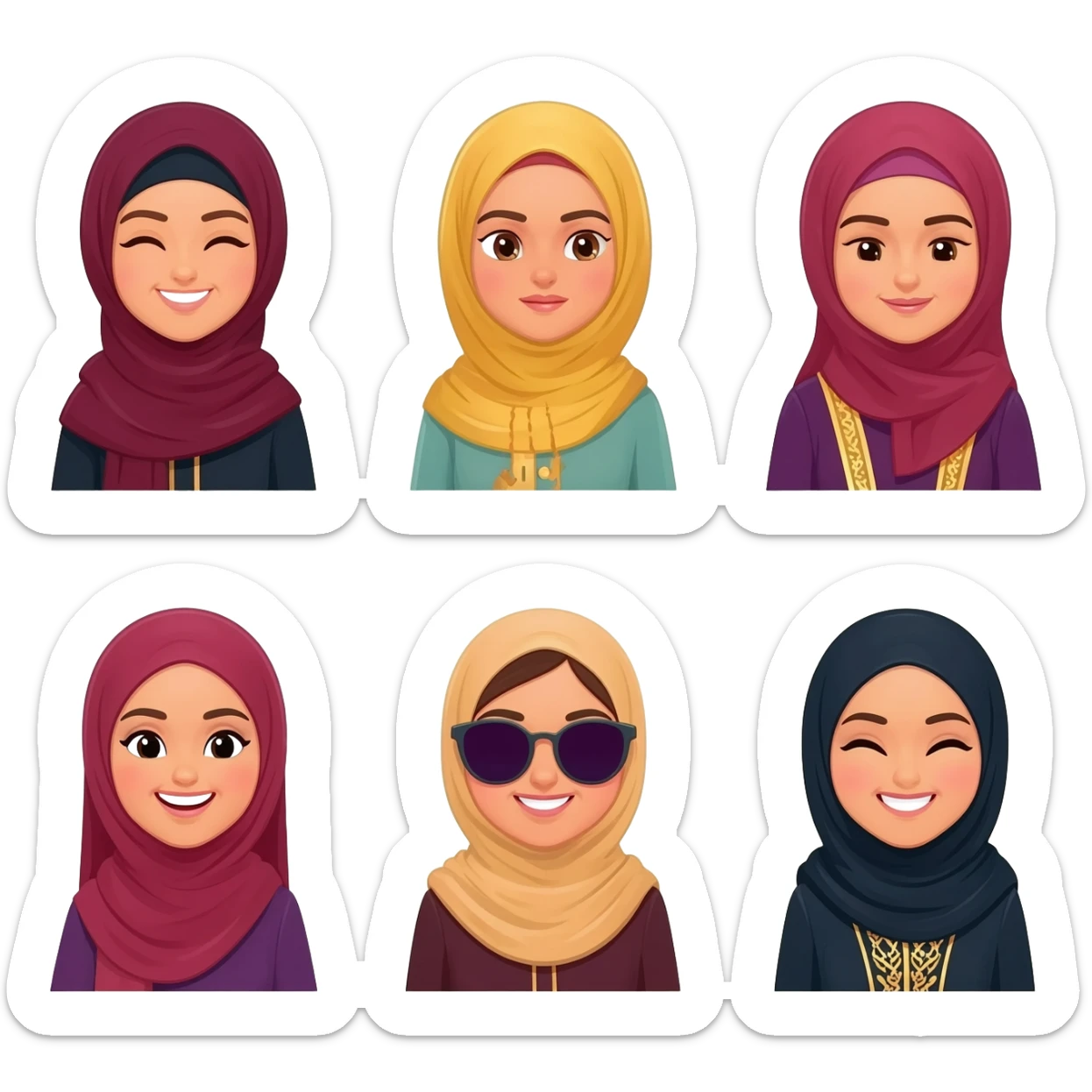 smiling face, cute face, luxury face & loving face, laughing face, beauty face, sunglass face generates 7 different emoji wearing Abhaya with hijab and different looking arabic ladies sticker