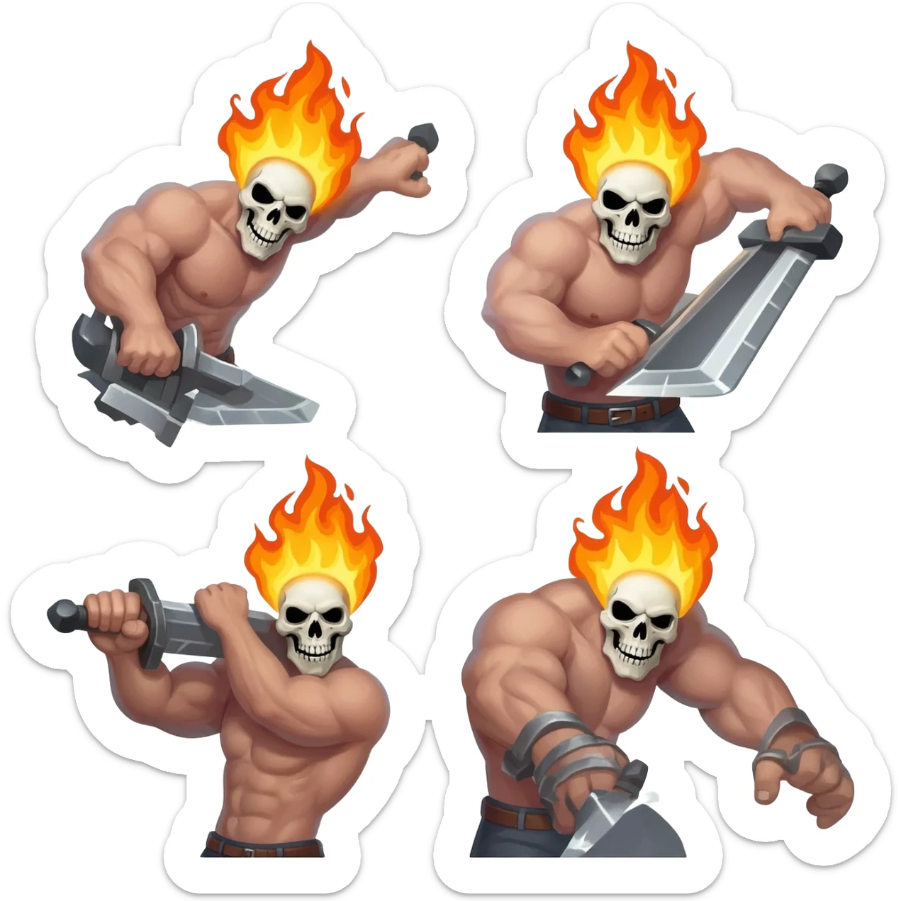 A 4 stage sprite sheet of a man with a burning skull head, show the 4 stages of him attacking with his large sword, shirtless sticker