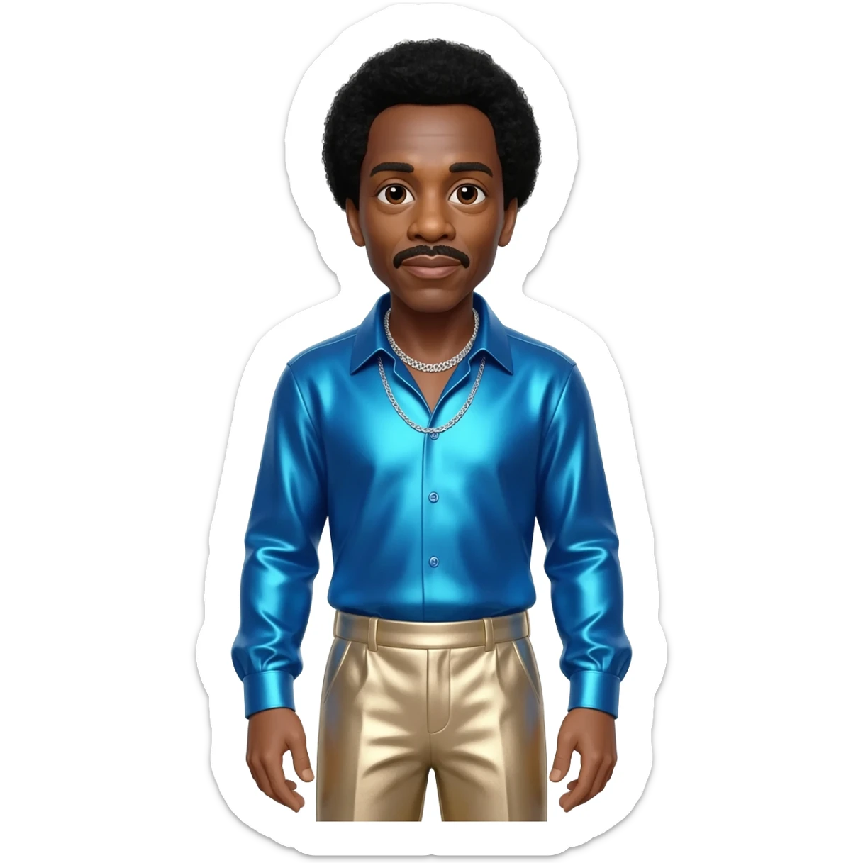 Richard Pryor with dark brown eyes, black hair, periwinkle blue metallic shirt, beige metallic baggy pants, silver necklace sticker