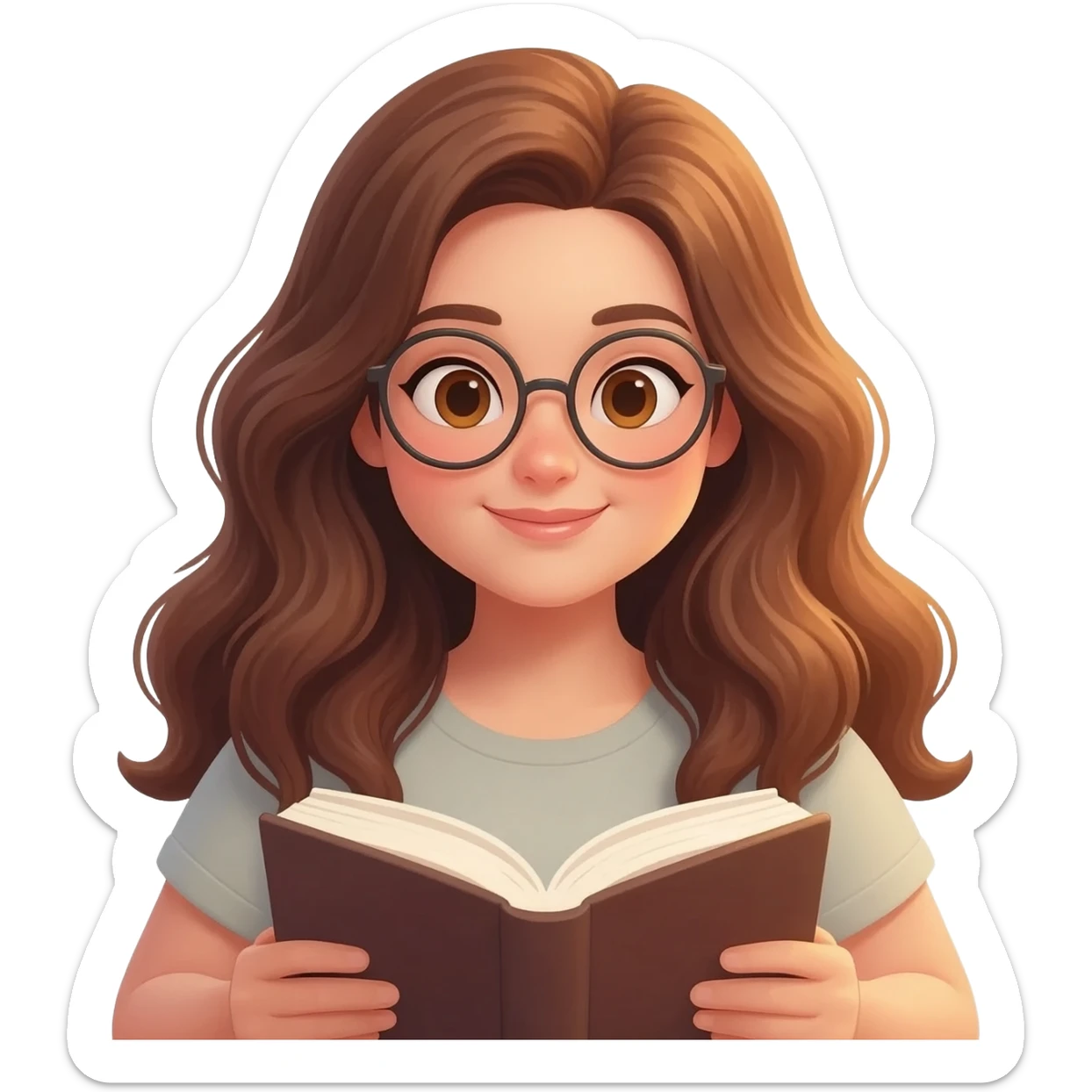 detailed emoji illustration of a curvy woman with long chestnut brown wavy hair, light brown eyes and round glasses, sitting comfortably and reading a book, warm sunlight, peaceful atmosphere, emoji style sticker