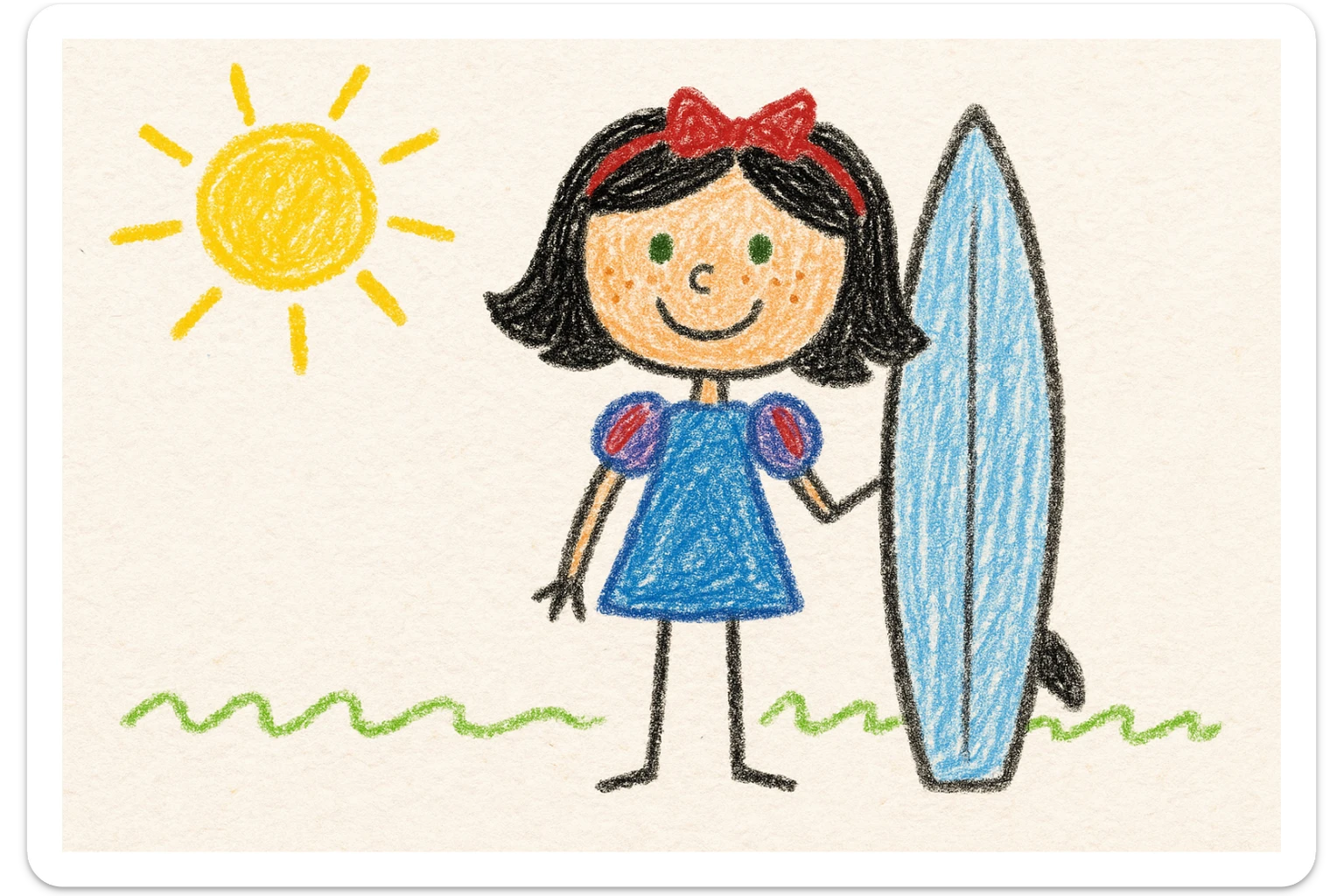 14-year-old girl resembling Snow White, hair slightly below shoulders, small green eyes, some freckles, surfer, medium height, children's doodle style sticker