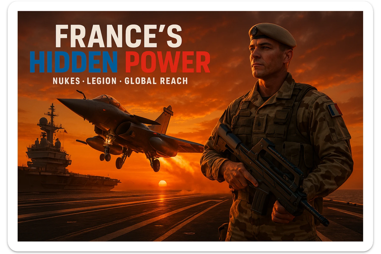 dramatic 8K scene of Rafale jet taking off from Charles de Gaulle carrier at sunset with orange glow, foreground featuring French Foreign Legionnaire in desert camo with futuristic weapon, bold tricolor text 'FRANCE’S HIDDEN POWER', subtext 'Nukes • Legion • Global Reach', epic cinematic composition sticker