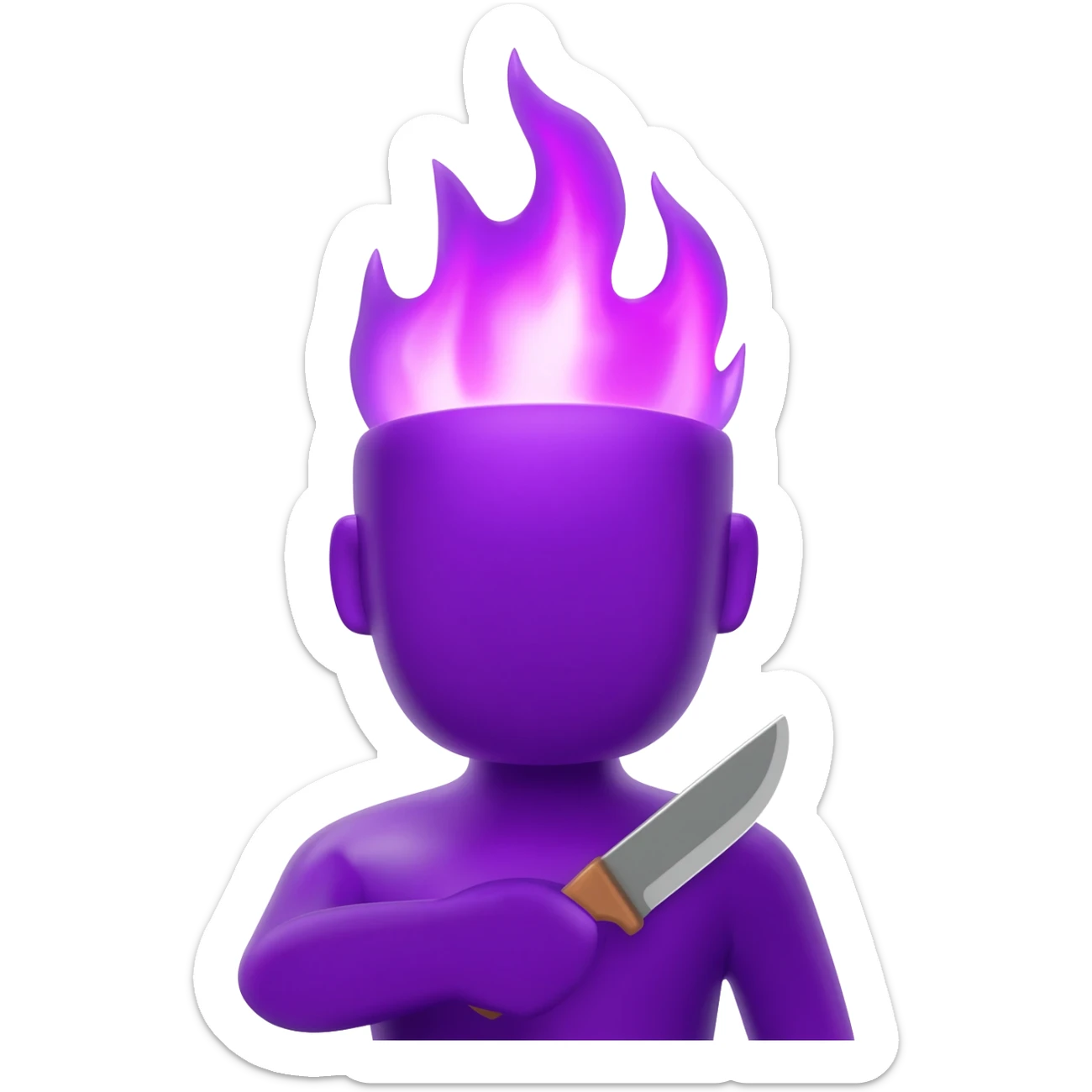 A purple shiny character with a purple flame head no eyesand holding a small knife. sticker