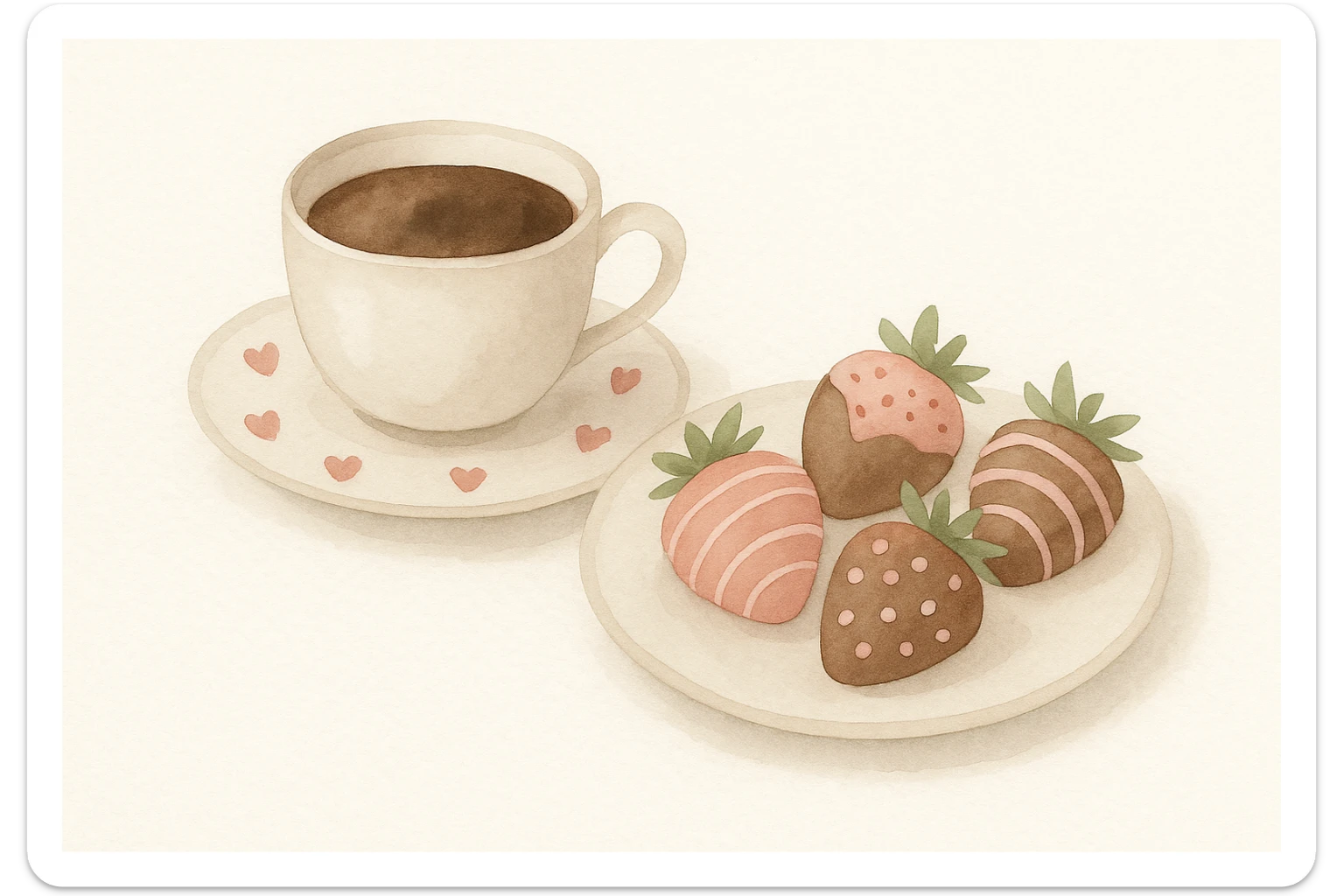 watercolor style illustration of a cup of coffee with a saucer decorated with small red hearts, and a plate with four chocolate-covered strawberries with pink and white decorations, minimal composition, no extra objects or background sticker