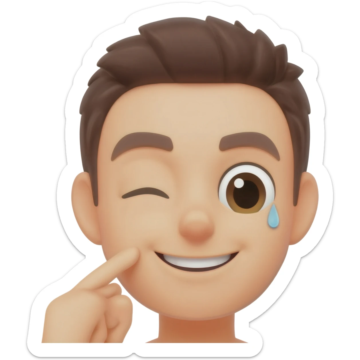 Classic iPhone emoji, blushed smile hitting a single finger with 1 eye open and one eye closed clearly flustered sticker