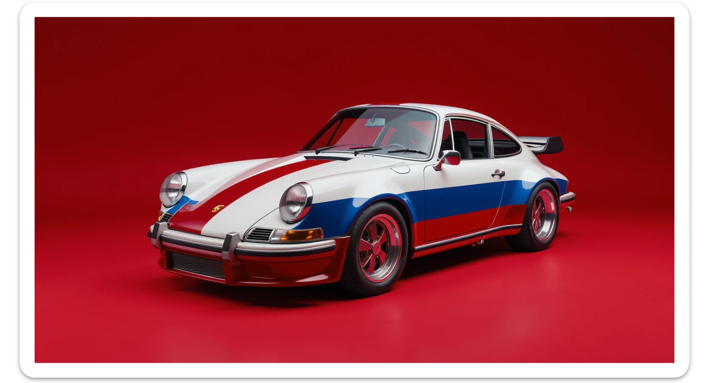Medium shot of a porsche 911, body of car made of russian capret, red solid studio background, low keu light, top soft light, dutch angle,  captured by ARRI 65 sticker