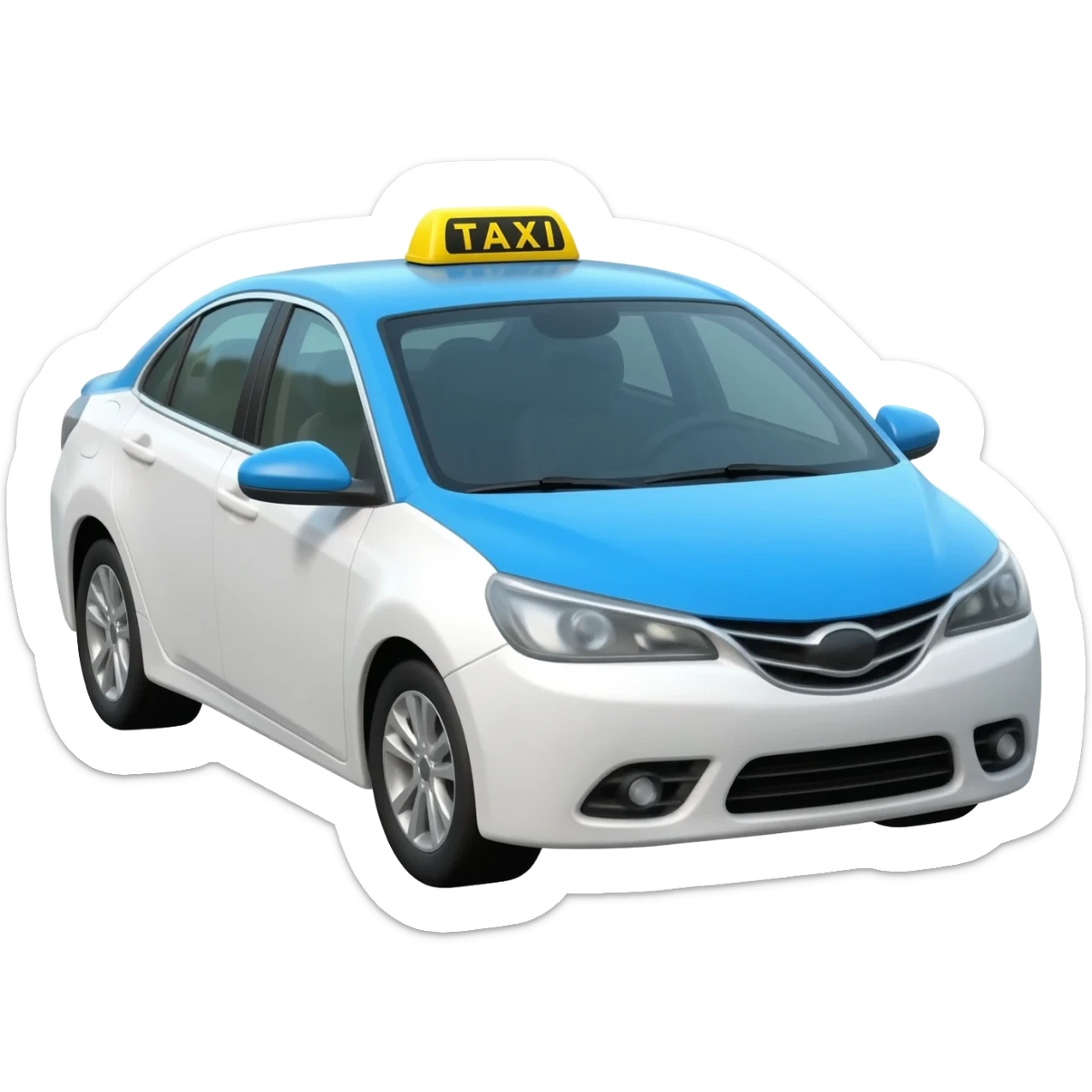 A small white  taxi car with a bright blue roof and white side panels, yellow taxi sign on top,  modern sedan design, black tires, silver rims, front three-quarter view, soft shading, sticker