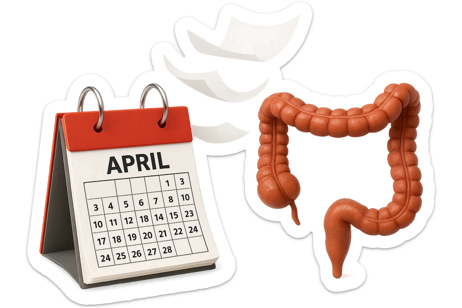 emoji stile iphone di un calendario con fogli che volano insieme a pezzi anatomici di colon umano, iperrealistico 4k, isolato su sfondo bianco sticker
