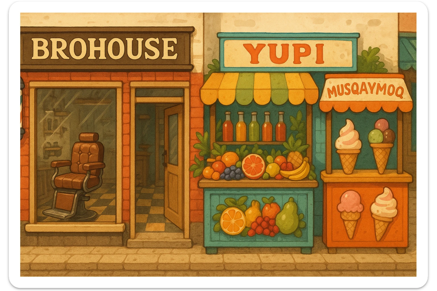 brohouse sartarosh xonasini chizib ber tashqaridan va uning yonida yupi va musqaymoq sotadigan lavkalar bulsin sticker