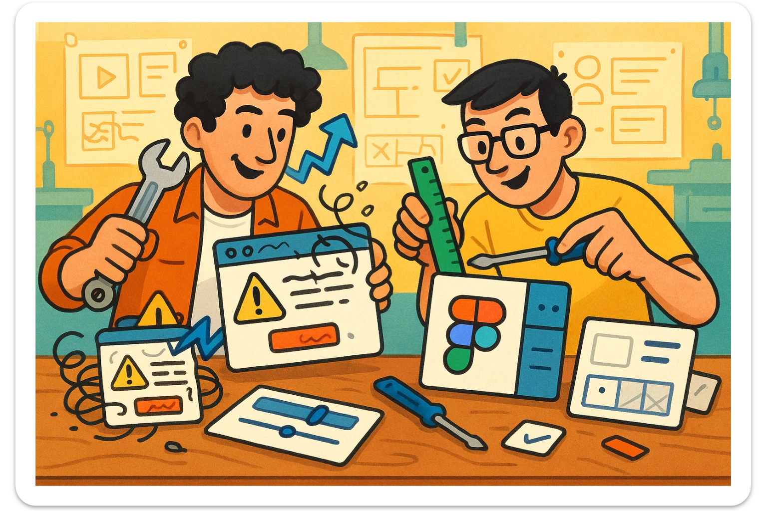 Two designers in a creative repair lab, one with curly hair and one with short dark hair, focused and playful, working together to fix messy old UI components. They use tools like a wrench, ruler, and Figma interface elements. The scene is part chaotic, part clever, showing them transforming legacy UI into something clean and beautiful. sticker