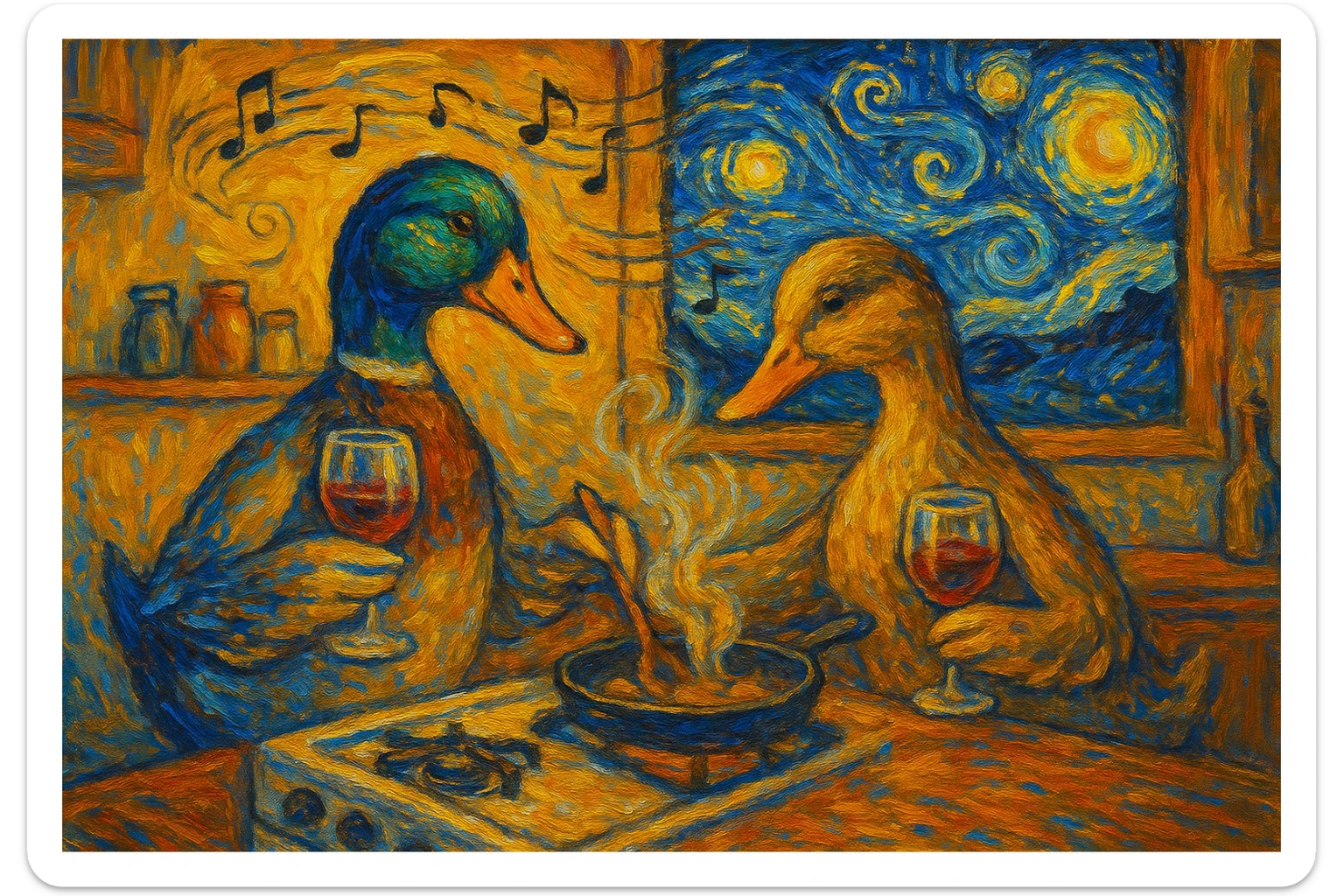 Van Gogh inspired art of two ducks (male and female) cooking, wine glasses in hand, music playing, Starry Night visible through the kitchen window, 4:3 aspect ratio, impressionist style, swirling sky, warm lighting sticker