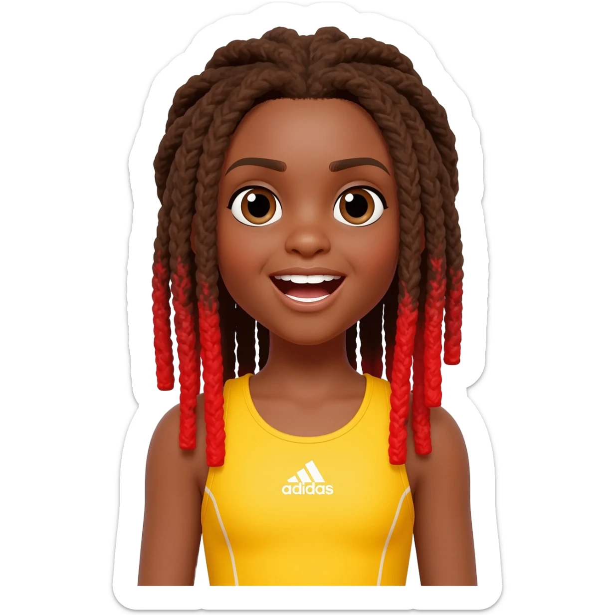 African American girl with long brown dreadlocks with red tips in yellow adidas pilates clothes looking excited sticker
