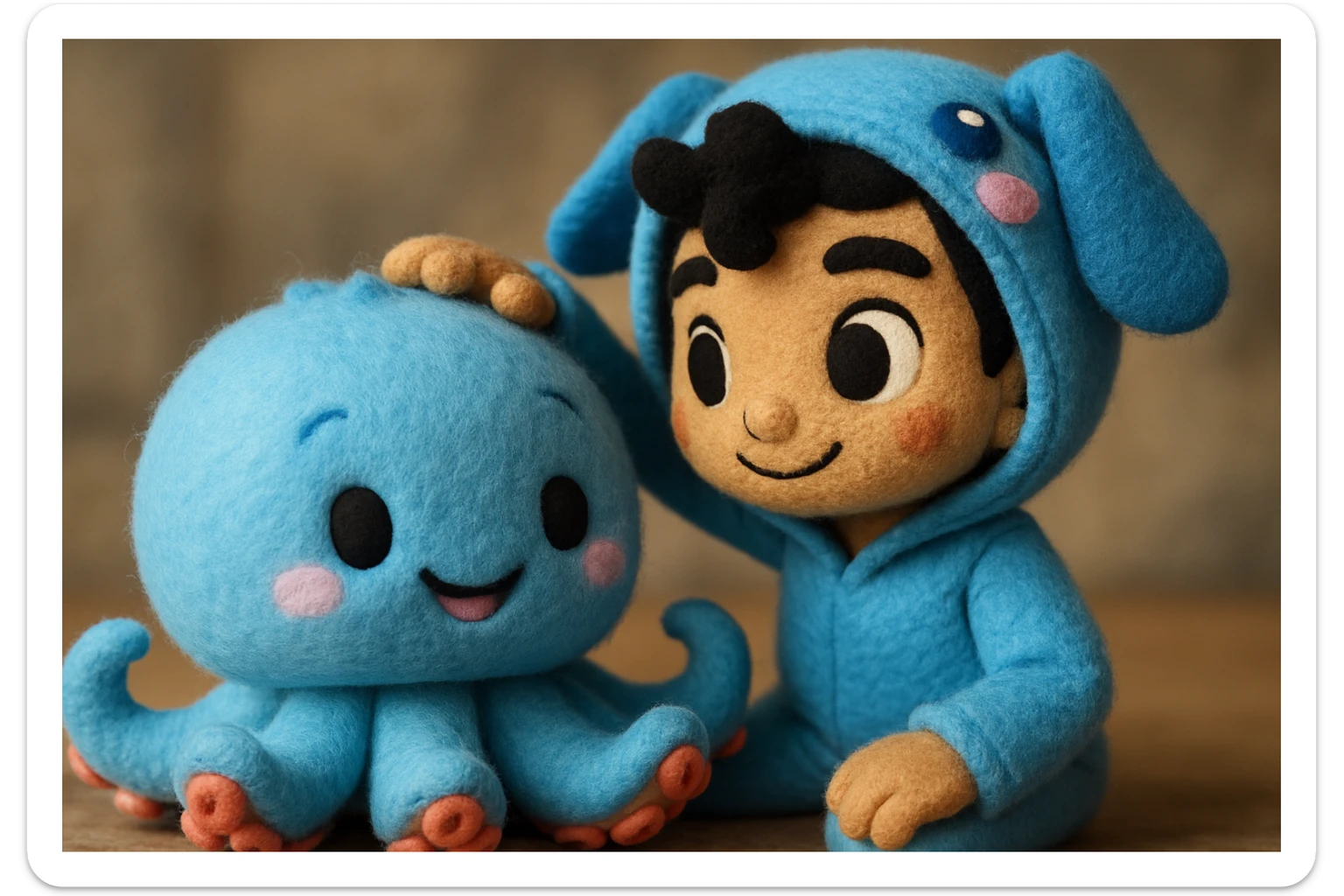 Combine the cute blue plush octopus and the human character in a blue animal onesie. Show the human gently petting the octopus, both looking happy and friendly, in a soft, playful plush portrait style. sticker