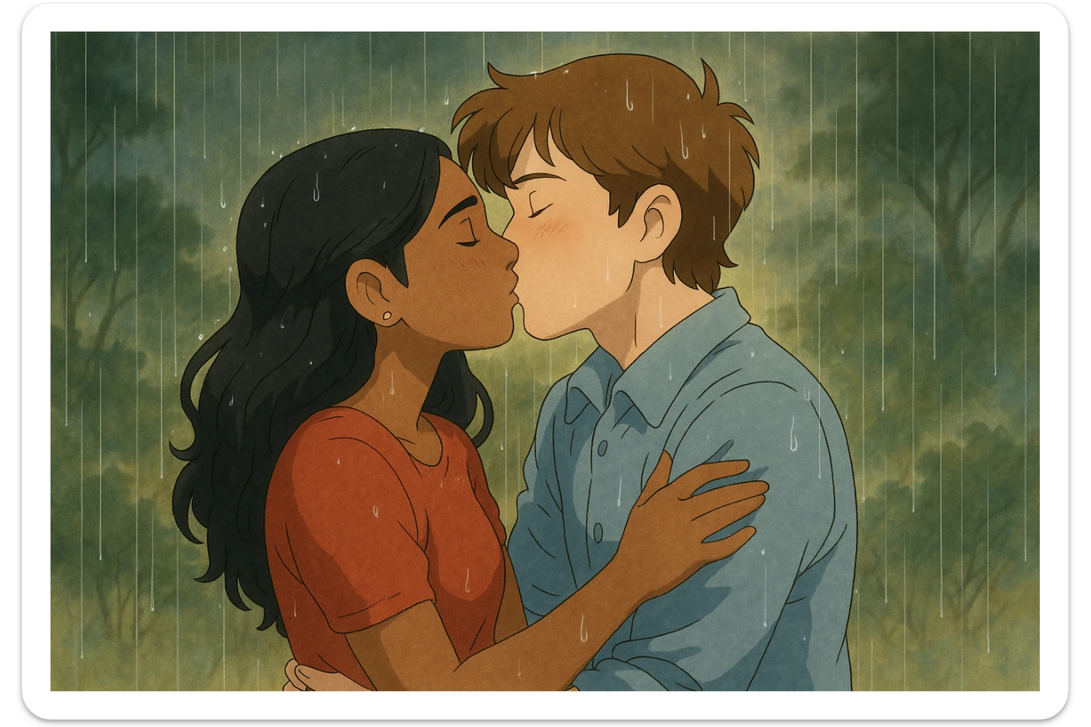 Joel and Madhu kissing in the rain, affectionate, romantic, Ghibli style with magical atmosphere and soft lighting, capturing the emotional connection and gentle rain ambiance. sticker