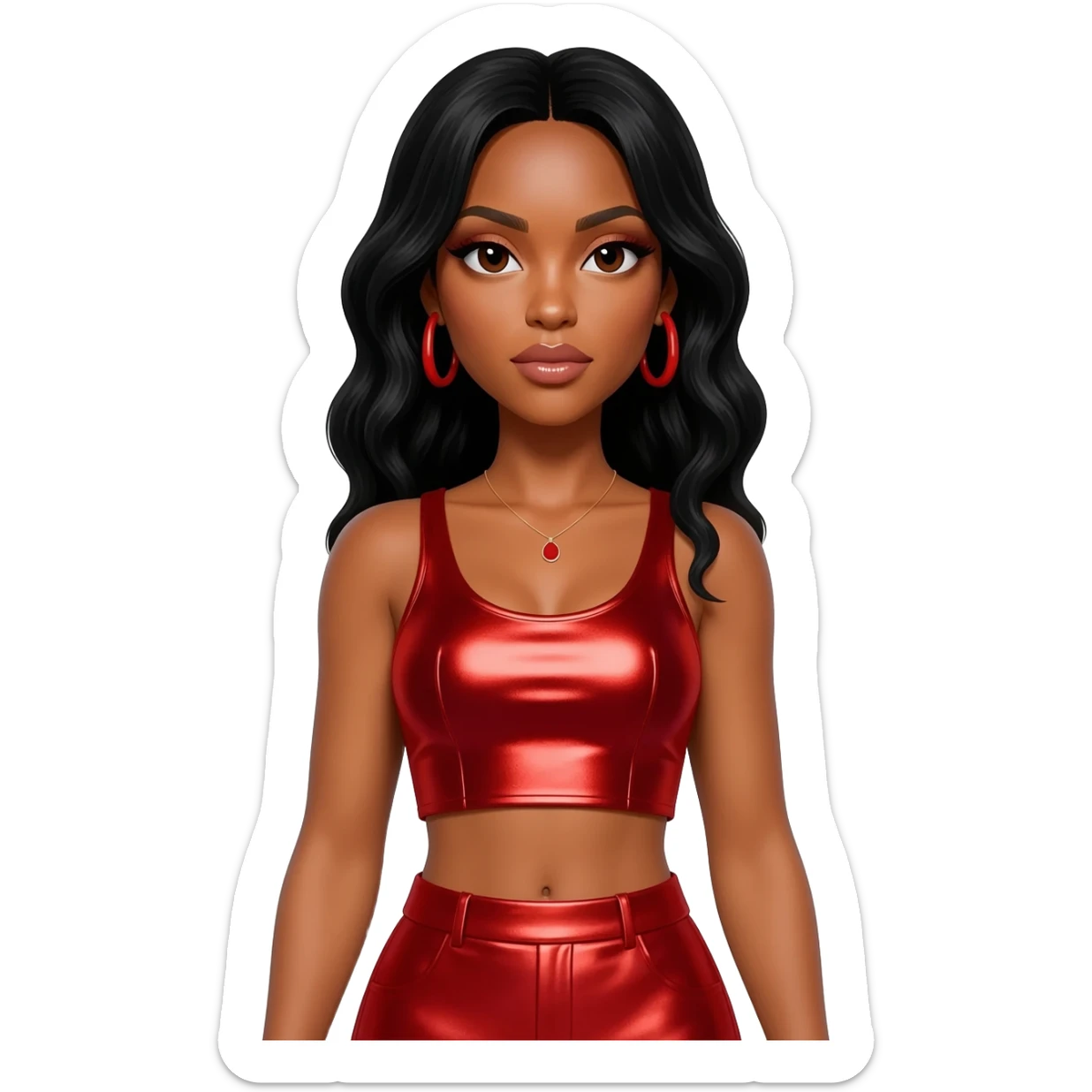 Kelly Rowland with black hair, red metallic crop top, red metallic skirt, red earrings sticker