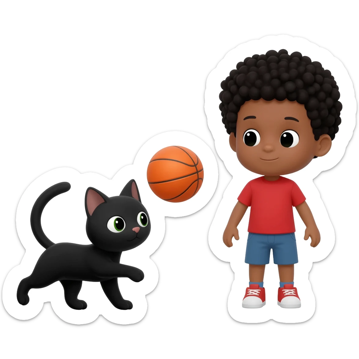 Black cat playing with orange basketball and a little boy with curly black hair sticker