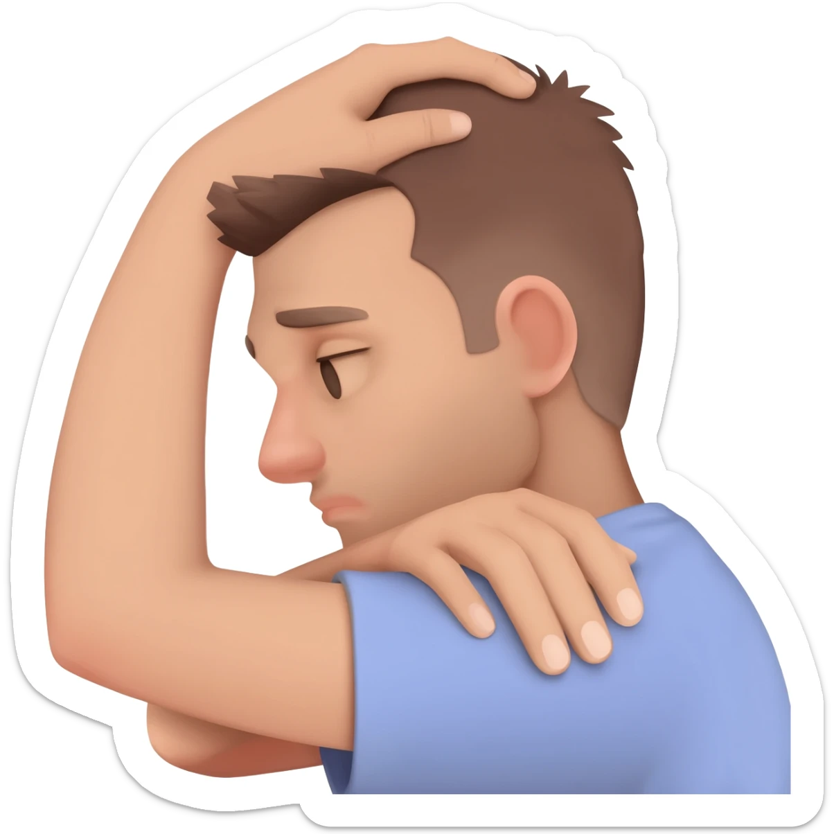 A man who is depressed with his left arm draped over the top of his head so the inside of his left elbow is on the very top of his head where hair grows from and his left hand is touching his right shoulder sticker