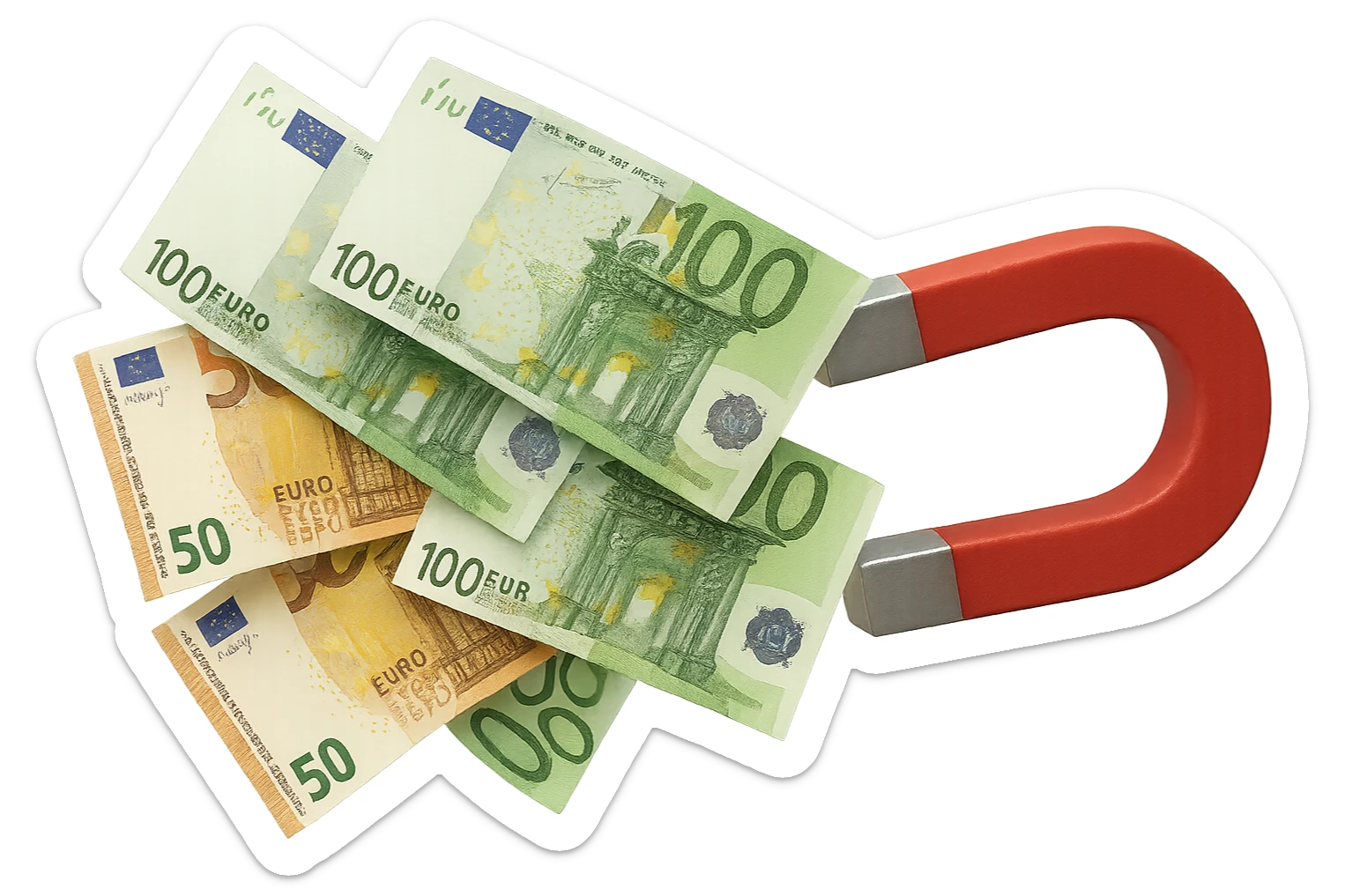 banconote di euro fluttuano vicino ad una calamita rossa, sono attratte, iperrealistico 4k sticker