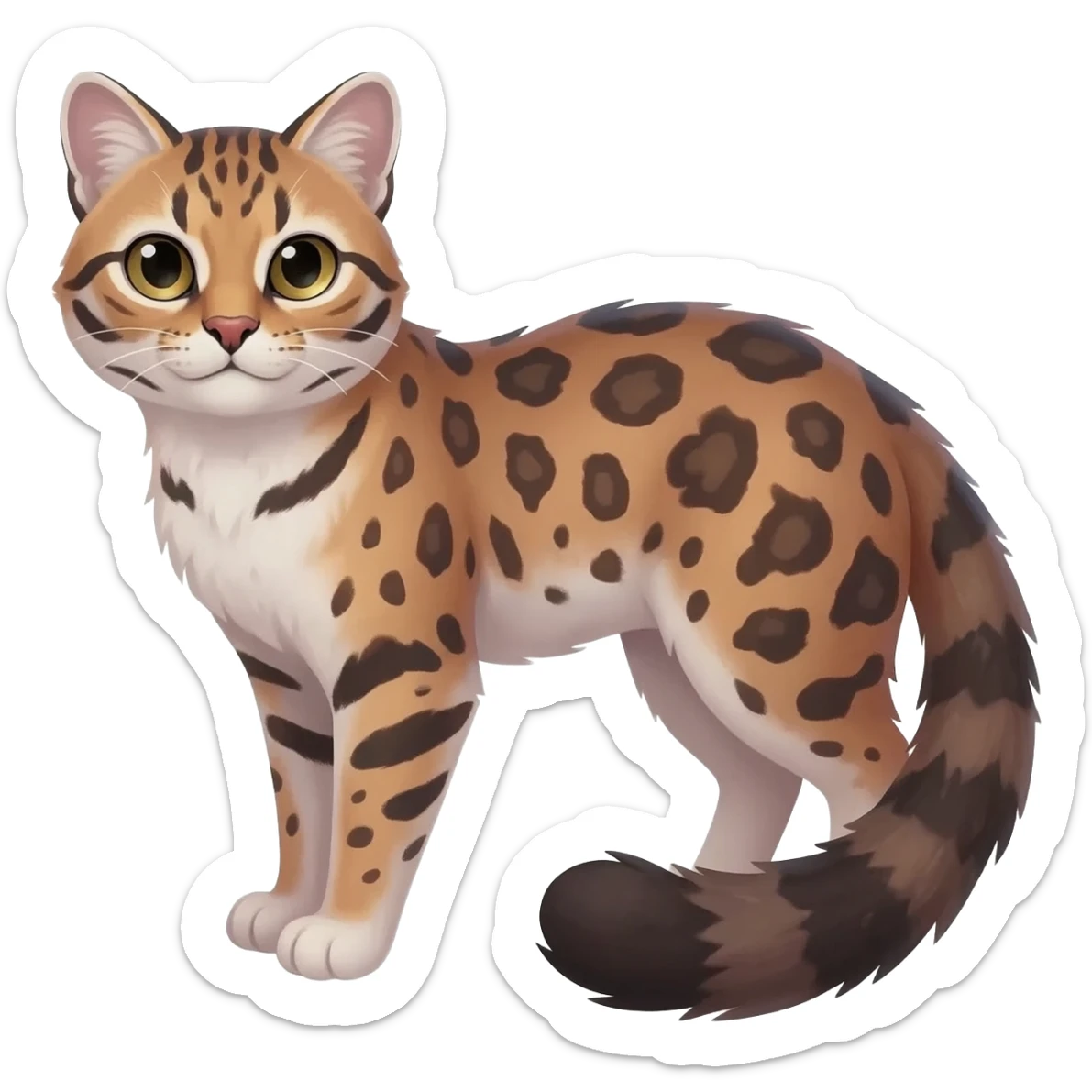 Realistic colorful shiny glossy smooth whitish pastel dusky dark gloomy wild natural elegant lifelike Pallas-cat-ocicat-ocelot-Rusty-spotted-cat-fusion-hybrid-animal-creature, full body, hyper-realism sticker