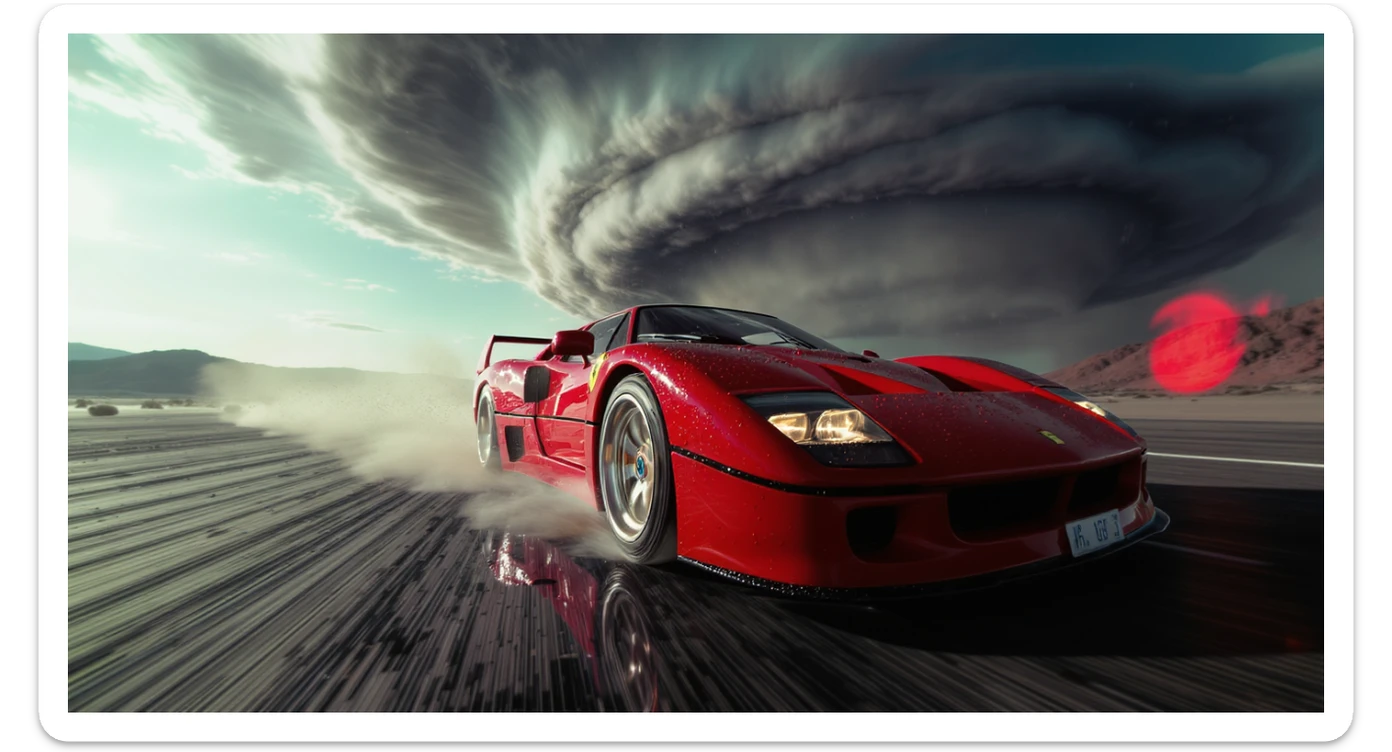 Cinematic still of a ferrari f40 around tornado od arizona desert, sun flare, captured by gopro hero with effect fisheye, water drops on car body, detailed, inspired by interstellar look, captured by a arri alexa, inspired by Wes Anderson sticker