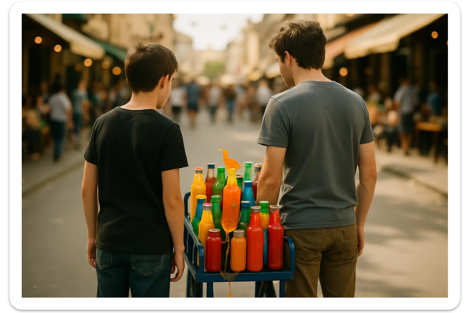 endi shu aravani bir balonchasi singan ko'rinishda va aka uka uning yonida turganini tasvirla yuzlari ko'rinmasin sticker