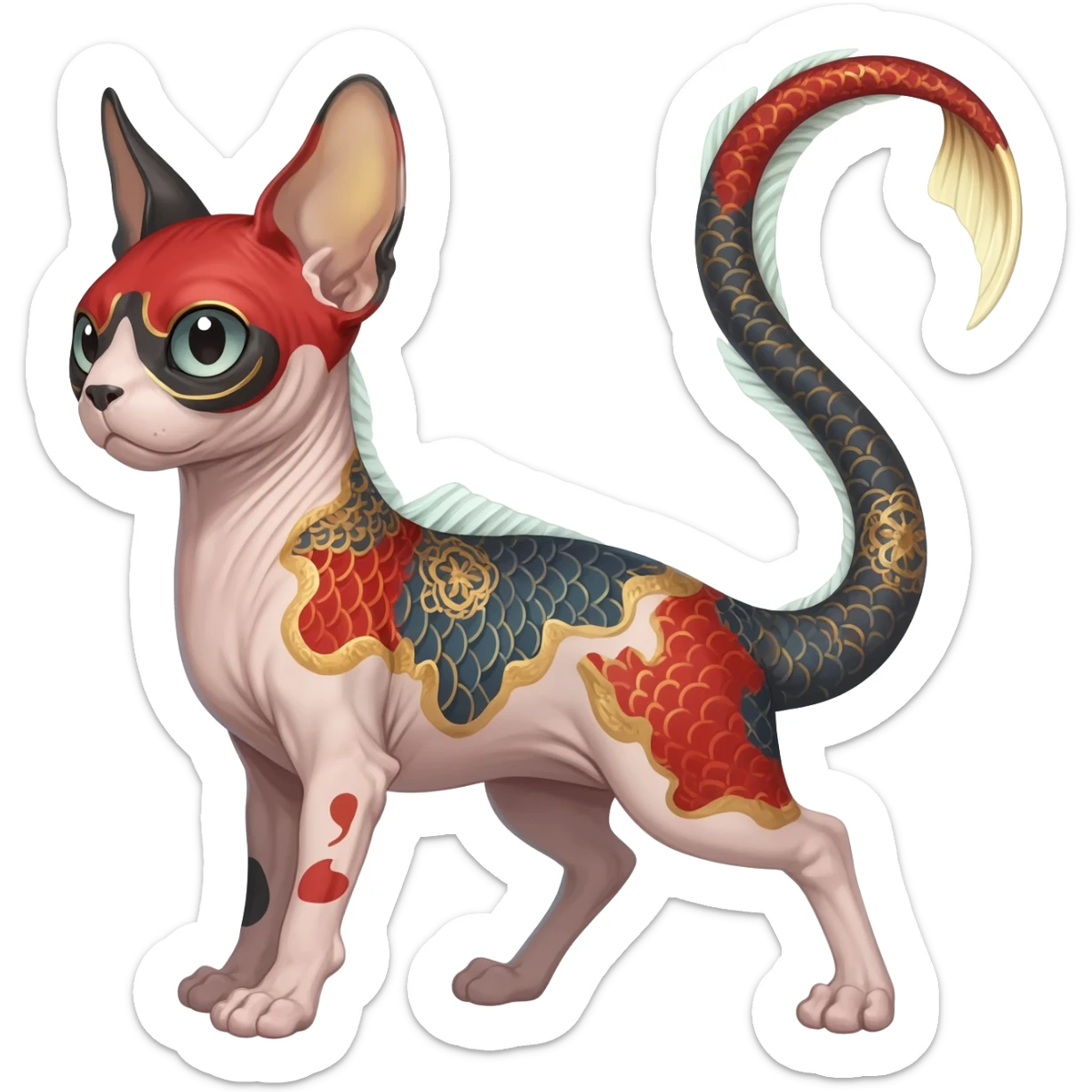 Hyper-realistic cute Japanese oriental Asian Edgy badass swimmy wet painted intricate ornate Japanese Asian koi-Minccino-Lykoi-Emolga-Sphynx-Linoone-Zangoose-fusion-hybrid-animal-Fakémon-creature, full body, thin long sleek scaly tail, intricate markings sticker