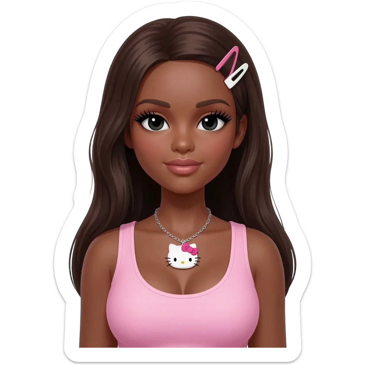 Long giant lashes, my melody and my sweet piano hairclip, Doll faced shaped, hello kitty necklace, bimbo, black doll eyes, barbie, dark brown skin with long dark brown hair, light pink bimbo sleeveless shirt big breast sticker