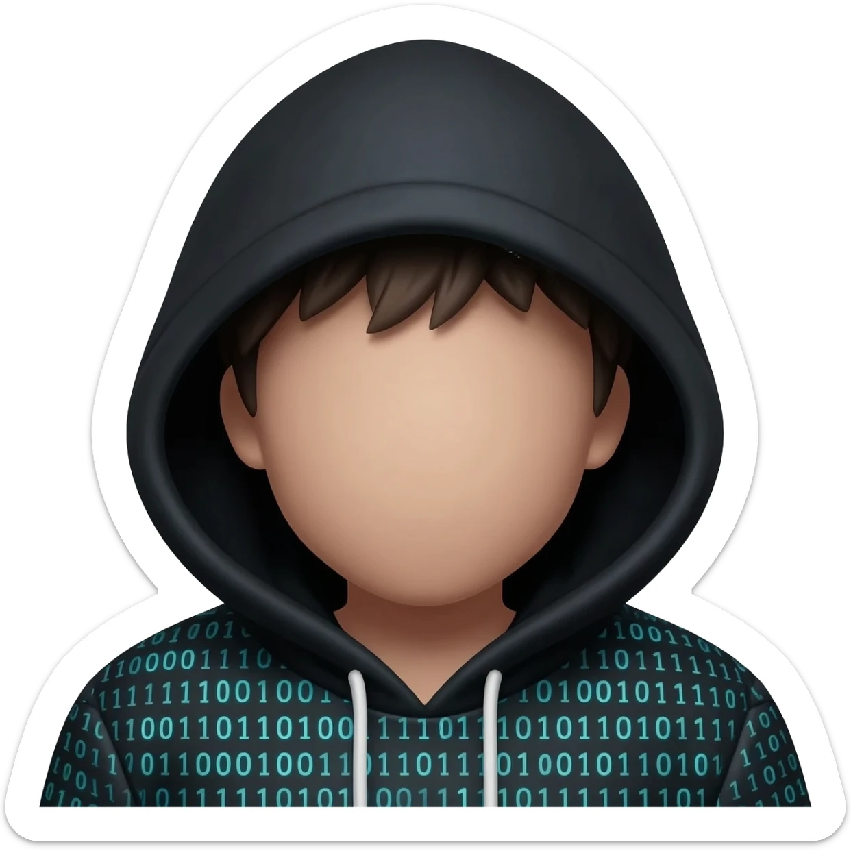 Binary system and "hacker" look, wearing a black hoodie with the hood over the head, hide the hair under the hood so it's not visible at all,  visible face with no masks or hair. sticker