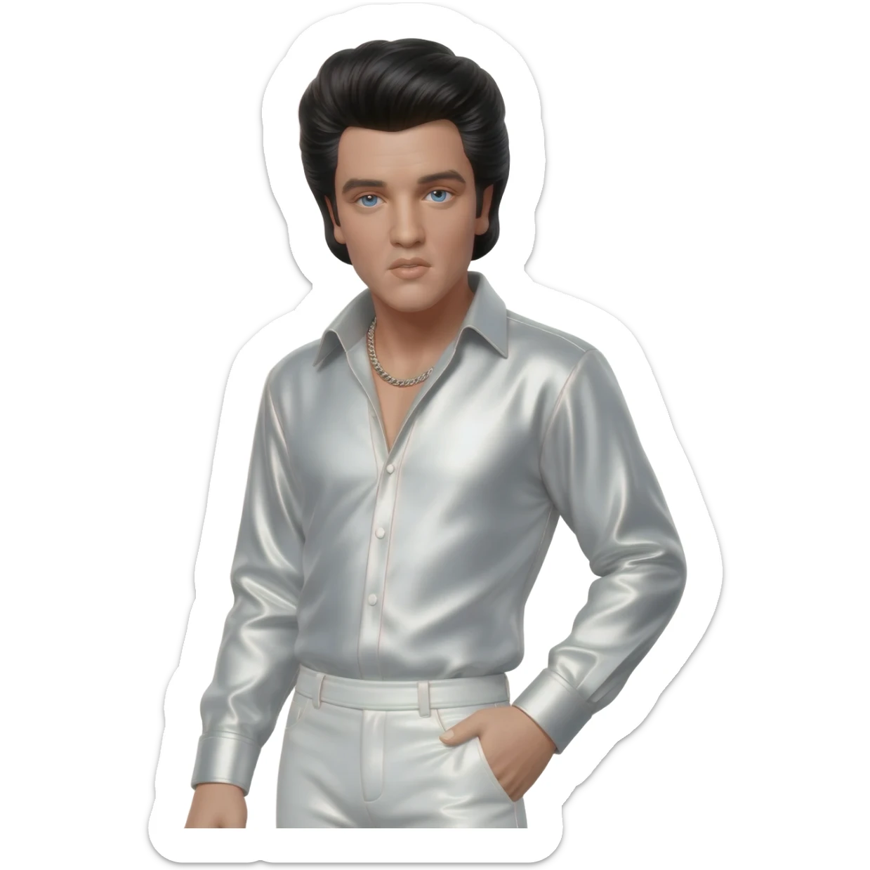 Elvis Presley with blue eyes, black hair, white metallic shirt, white metallic baggy pants, silver necklace sticker