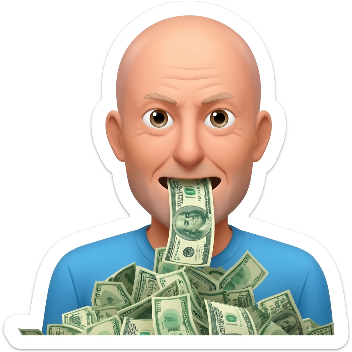A picture of a bald man sucking up dollars as the go by sticker