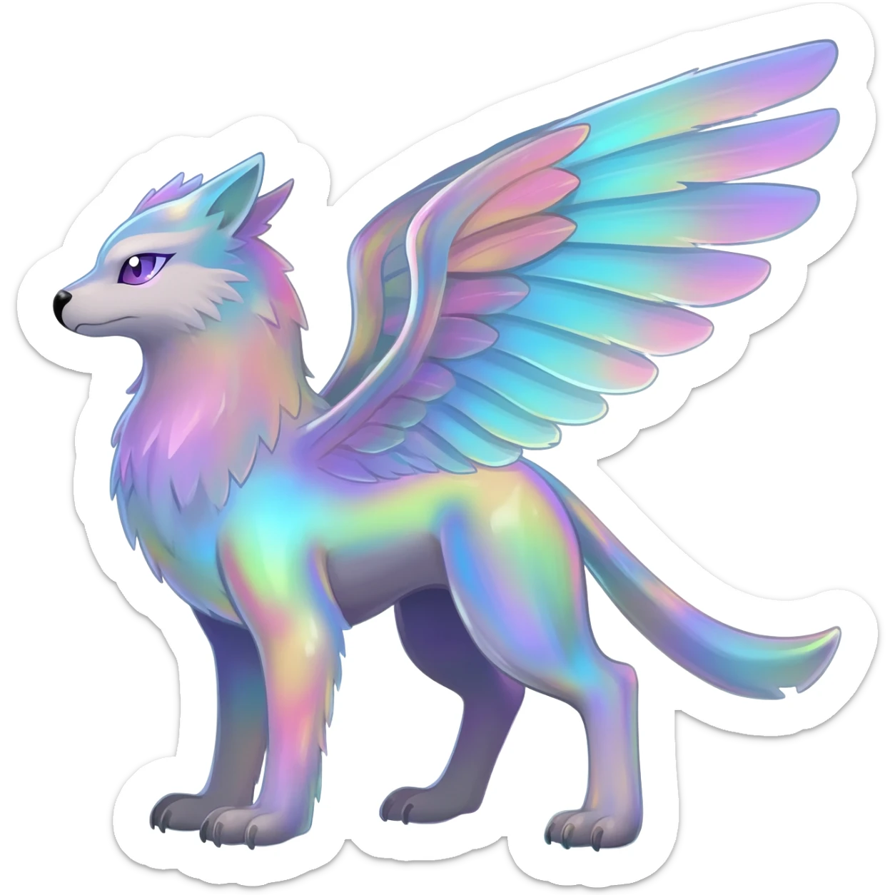 Colorful iridescent whitish pastelish luminescent angelic divine shiny sparkly glittery Gryphon-Trico-Sergal-Furret-Ferret-Wolverine-Vernid-fusion-Fakemon-animal-hybrid-creature, full body sticker