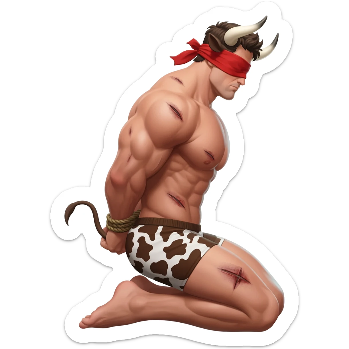 handsome extra large muscular man covered with scars with large breasts with bull horns and cow ears and bull tail with red blindfold dressed in thongs with brown cow print sits on his knees with hands tied behind the bback side view sticker