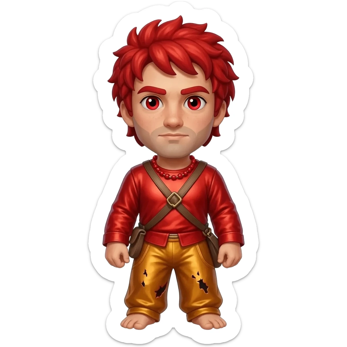 Hephaestus from Greek Mythology with red eyes, red hair, red metallic shirt, burnt orange metallic baggy pants, red necklace sticker