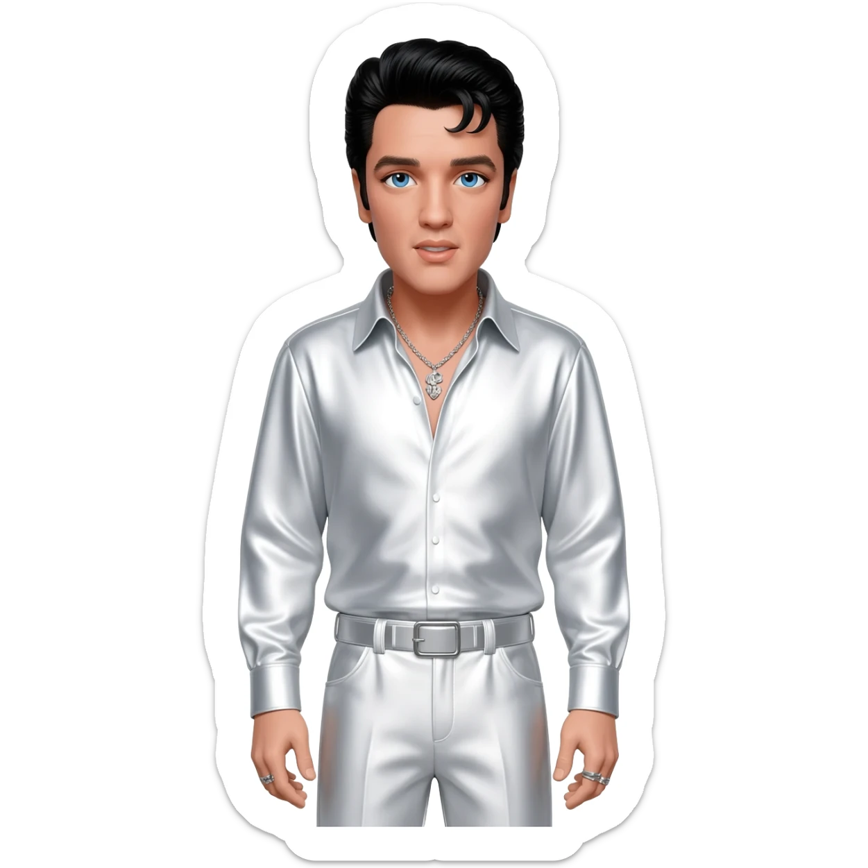 Elvis Presley with blue eyes, black hair, white metallic shirt, white metallic baggy pants, silver necklace sticker