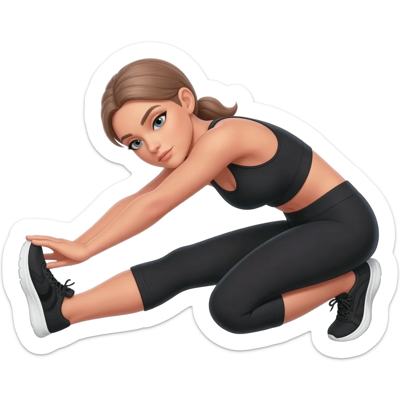 gentle bedtime stretch with sleepy mood, fair-skinned woman, gray-blue eyes, ash brown brows, ash light brown hair tied back, slim athletic body, black workout set, black sneakers with white soles sticker