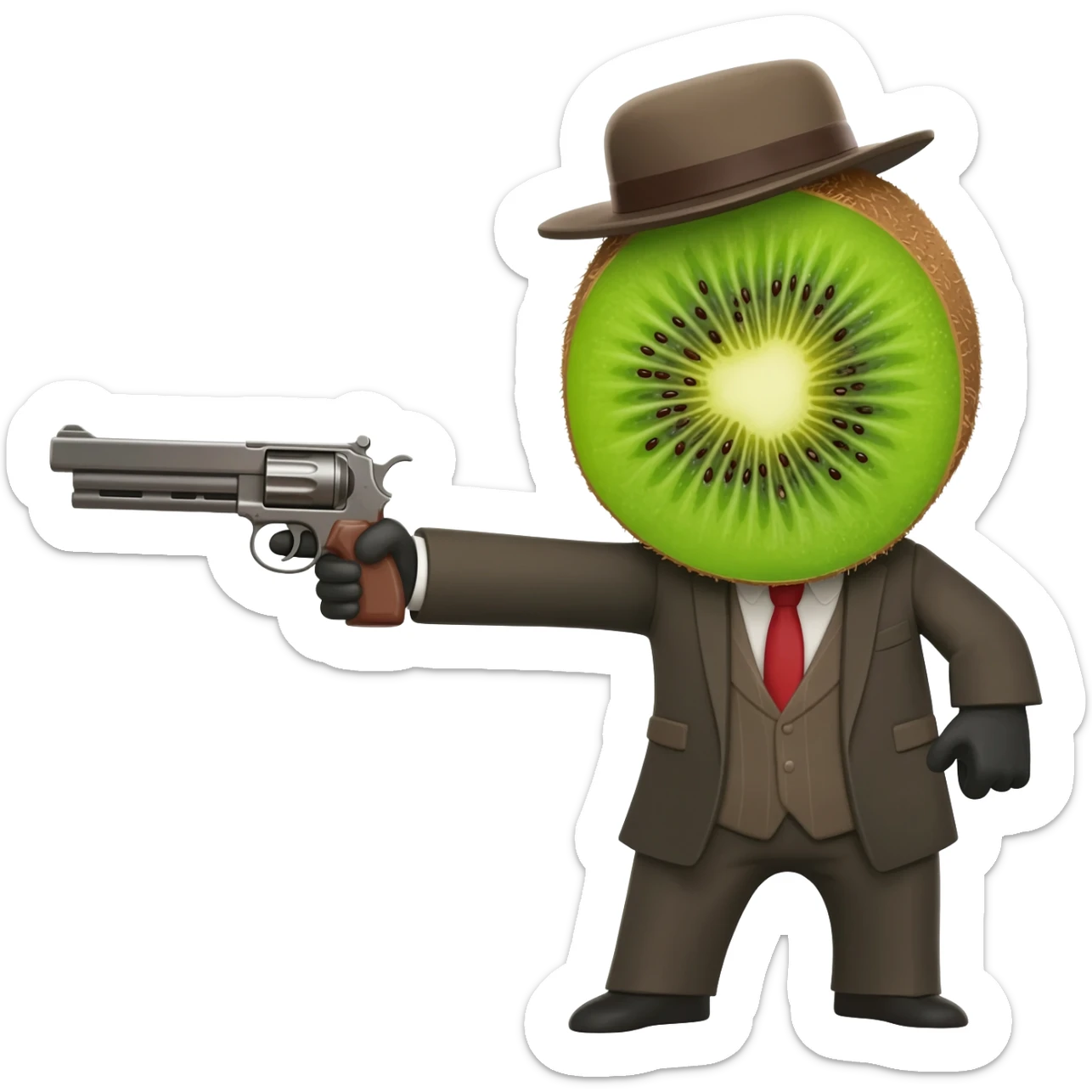 Kiwi wearing suit and a hat holding a gun sticker