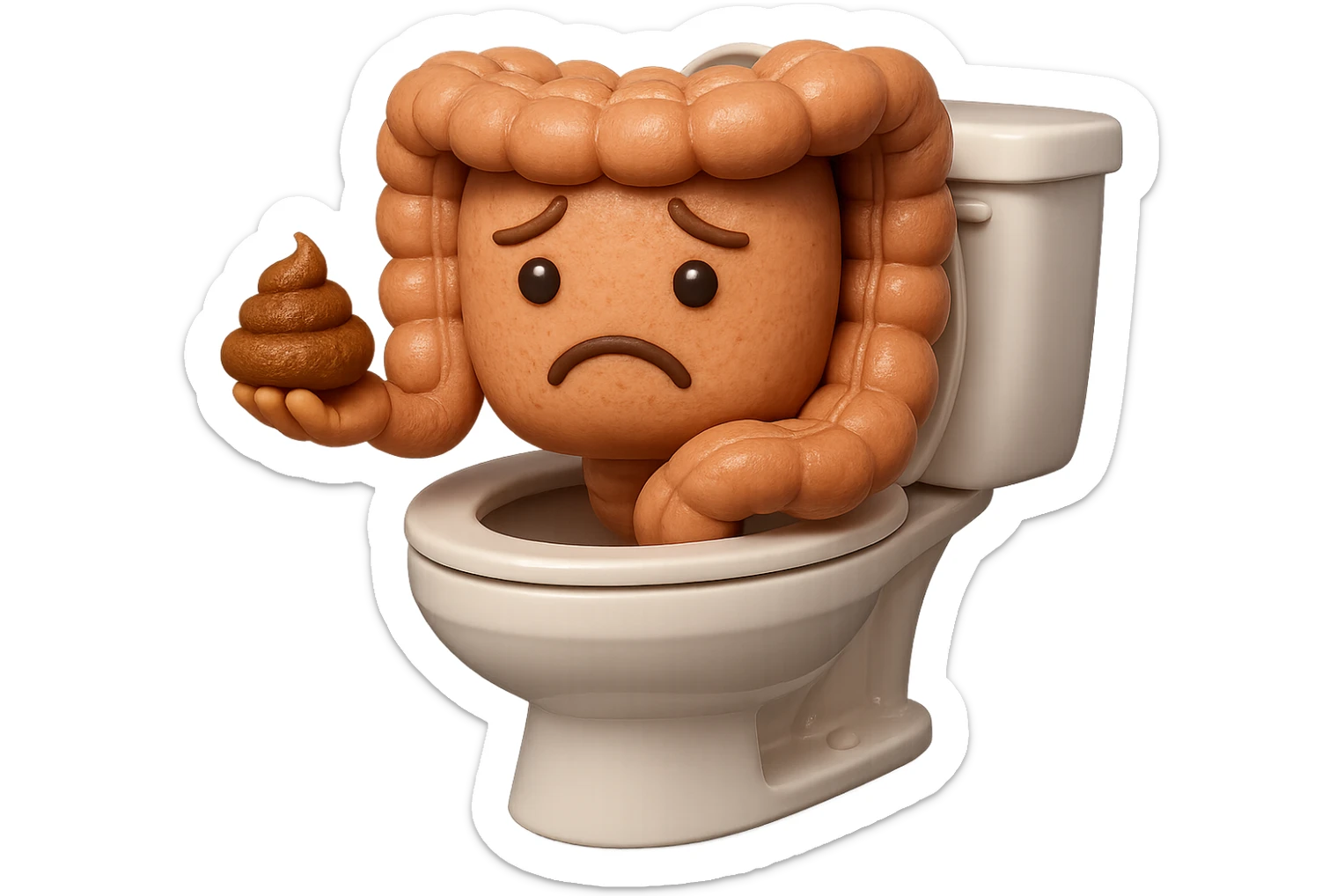 emoji stile iphone di un intestino realistico 3d che esce dal wc con in mano una montagnetta di feci con espressione triste a palline, iperrealistico 4k sticker