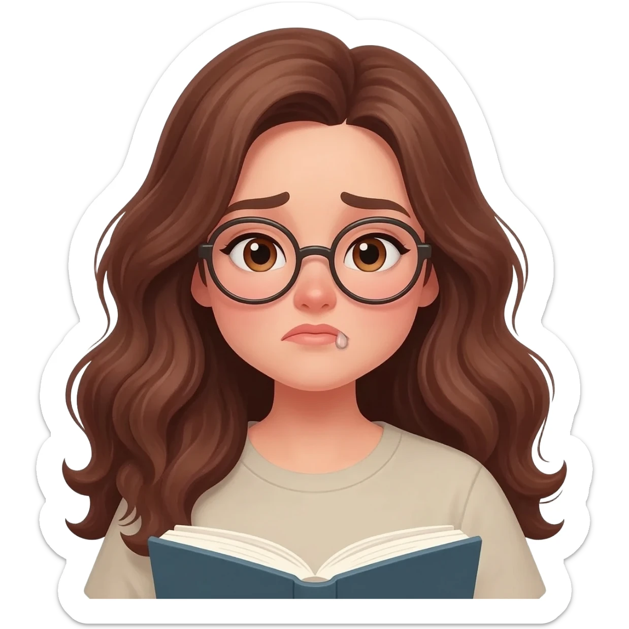 detailed emoji illustration of a curvy woman with long chestnut brown wavy hair, light brown eyes and round glasses reading a book with an emotional expression, touched by the story, emoji style sticker