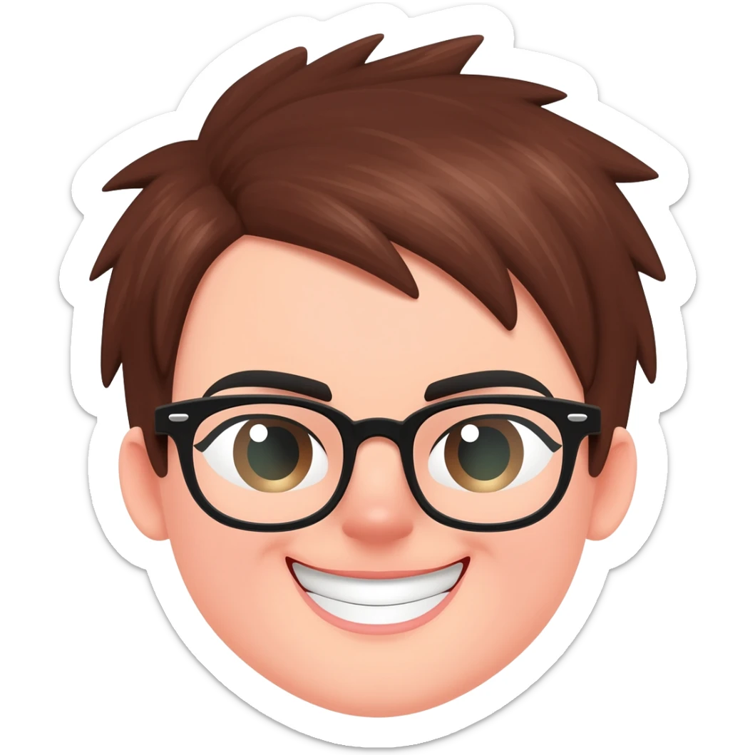 Female very short brown hair few spikes glasses smile sticker