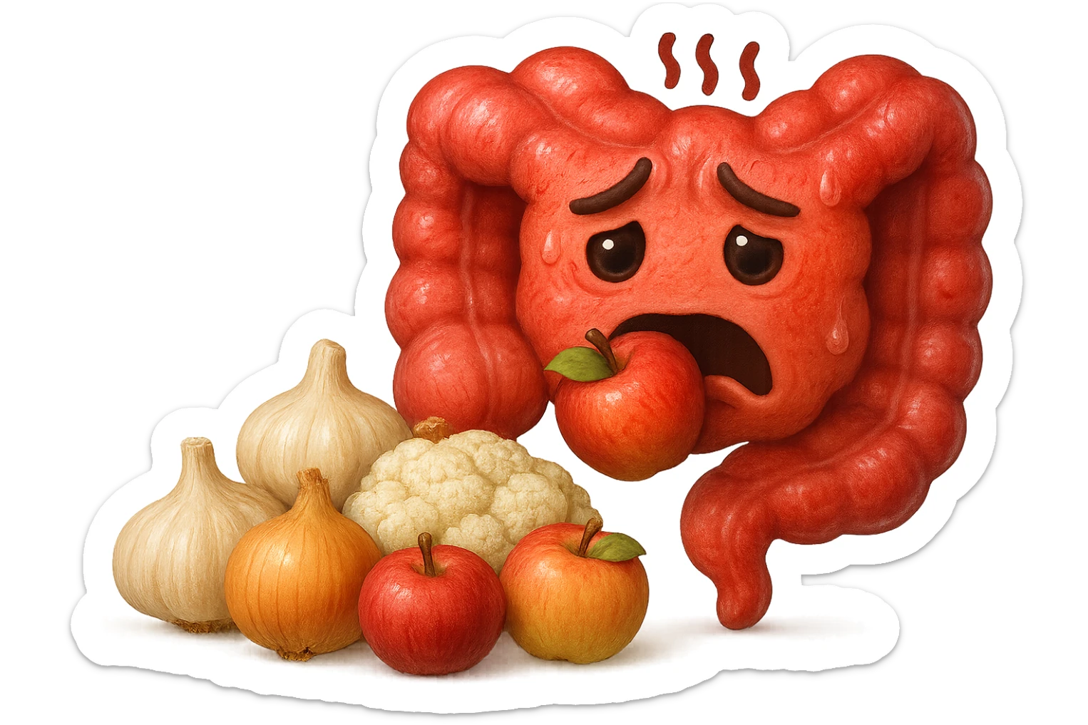 EMOJI STILE IPHONE DI UN INTESTINO UMANO IN CRISI PERCHé STA MALE, IN BOCCA HA UNA MELA E DAVANTI A LUI C'è UNA MONTAGNA DI aglio, cipolle, cavolfiore e mele, IPERREALISTICO 4K sticker