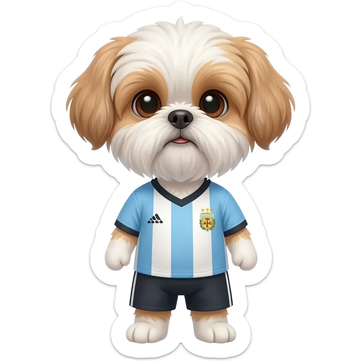 white and light brown shih zhu wearing a Argentina Light blue and whitesoccer jersey v neck 2026 work cup sticker