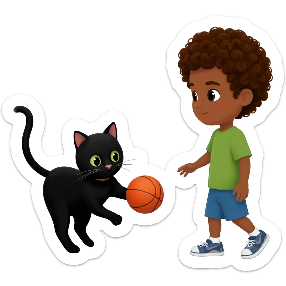 Black cat playing with orange basketball and a little boy with curly hair sticker