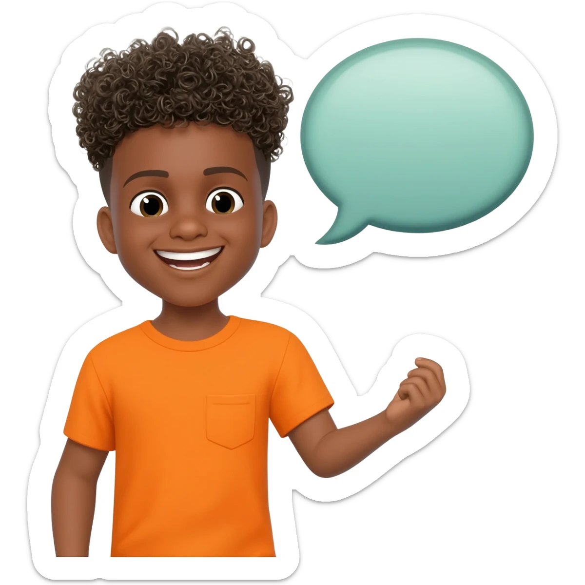 black boy curly hair orange shirt talking talk bubble sticker