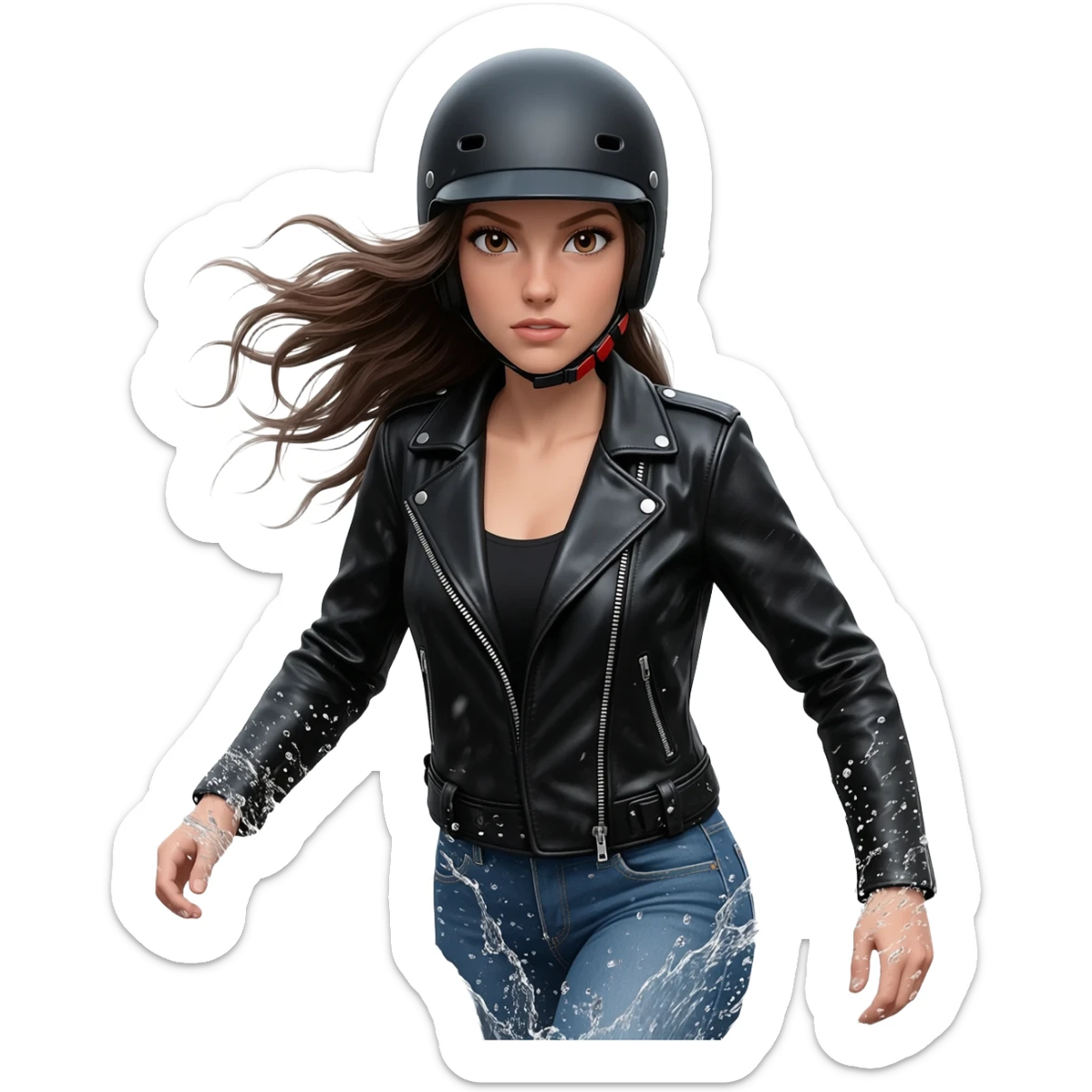 Brunette biker girl splashing through rain sticker