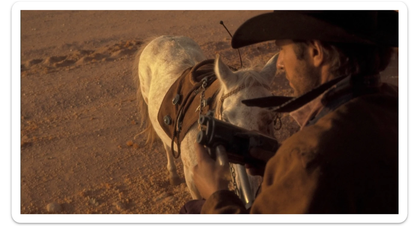 Cinematic , documentary photography, top angle medium shot, cowboy look eye brave, hard light golden hour, desert arizona, shot on arri alexa, 80s movie sticker
