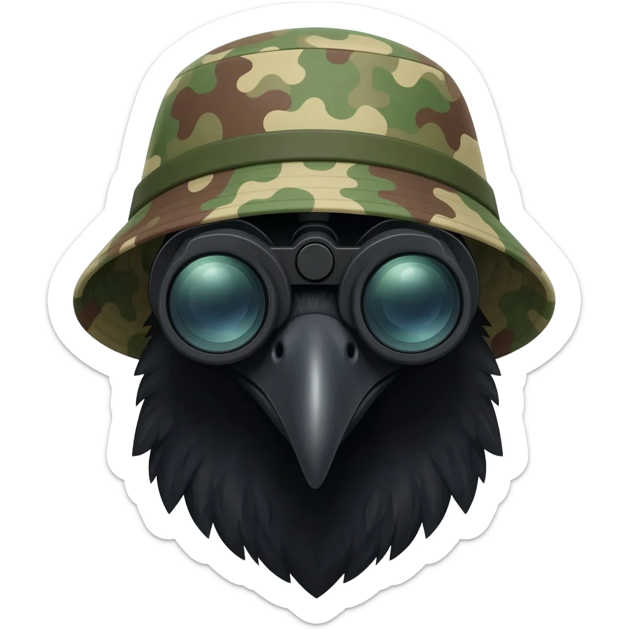 A raven from shoulders up and from 45 degrees, wearing dual tube night vision devices pvs-31 over their eyes and a camoflage Boonie hat sticker