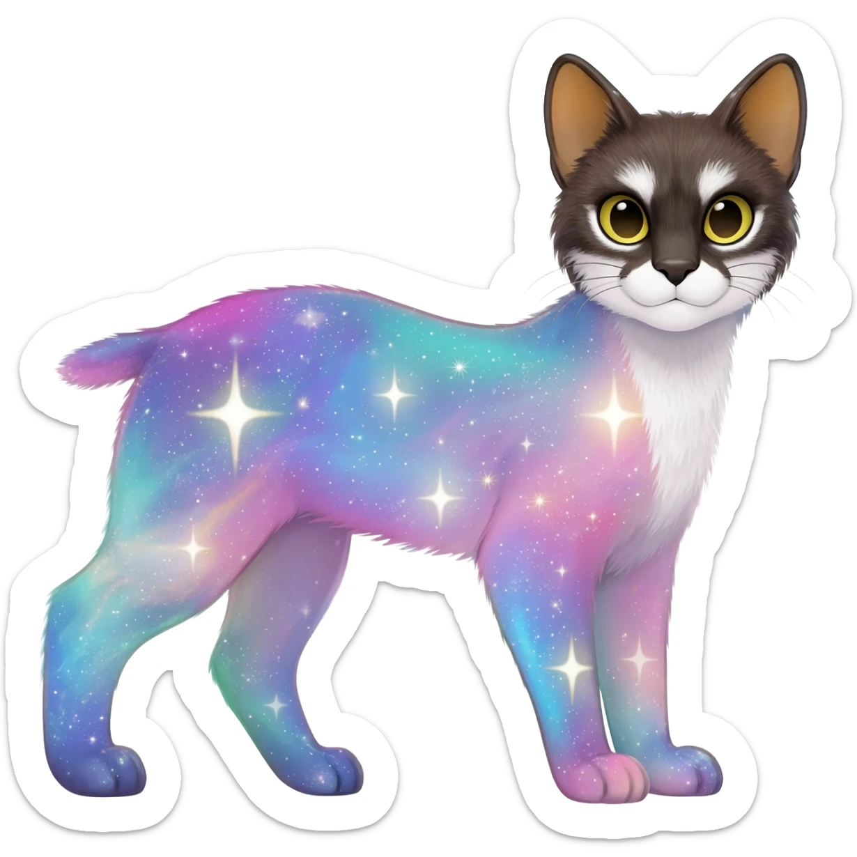 Colorful nebulae nebula starry galactical shiny tropical pale light fruity pastel white glorious iridescent divine exotic cute cool beautiful realistic antasy-caracal-civet-genet-sergal-vernid-Cacomistle-Trico-oncilla-animal-Fakémon-hybrid-fursona (full body) sticker