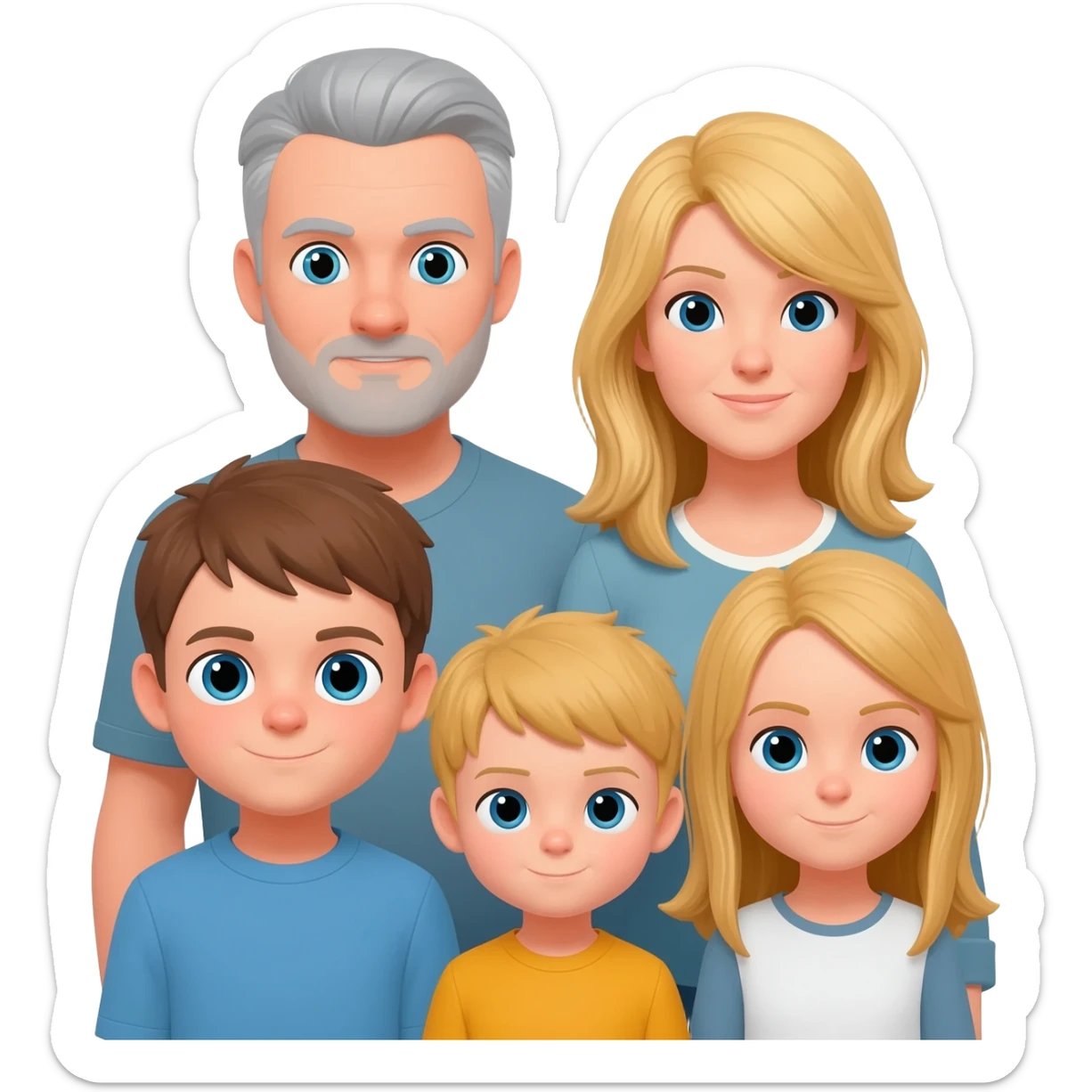 1 father with Grey hair  1 mother with blond hair, 1 big boy dank hair blue eyes, 1 smaller boy with blond hair and Brown eyes, 1 Girls with long blond hair and blue eyes sticker
